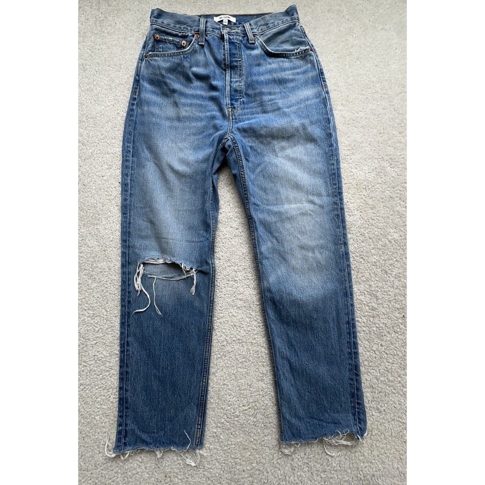 RE/DONE Ultra High Rise 70S StovePipe Fray Ankle Jeans Button Fly Distressed W28